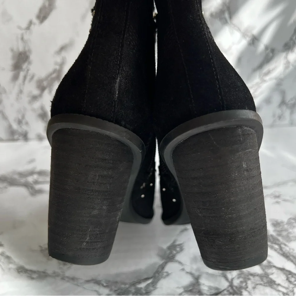 Fergie Dina Bootie Black Suede Silver Studded Block Heel Ankle 6 Gorpcore